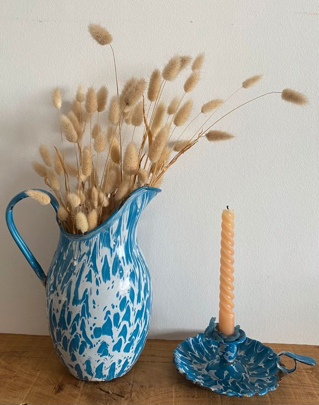 Bougeoir à main vintage émaillé bleu et blanc