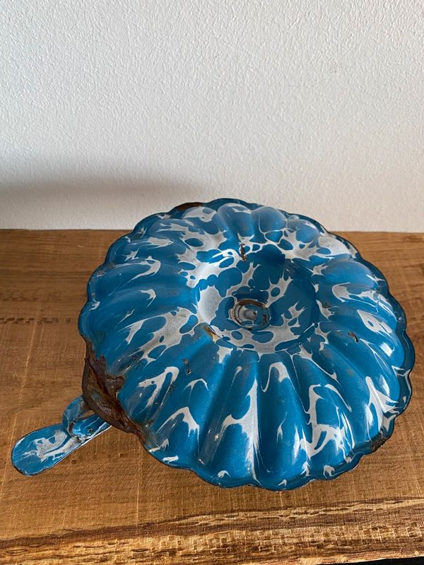 Bougeoir à main vintage émaillé bleu et blanc