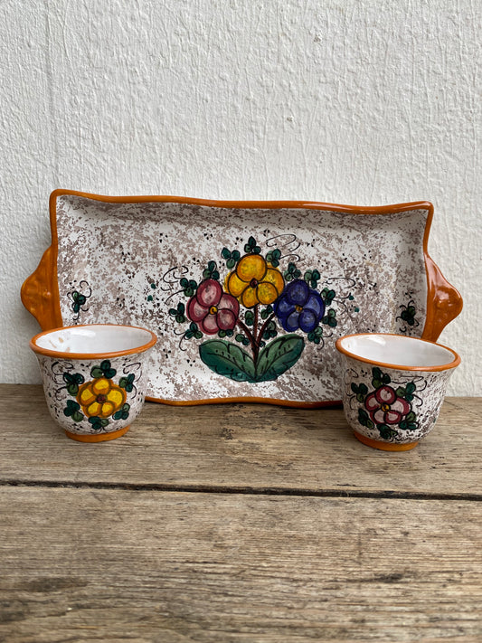Plateau et tasses en céramique florales Deruta
