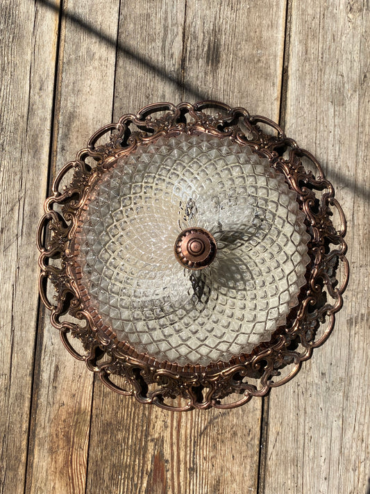 Plafonnier vintage en verre ciselé et bronze